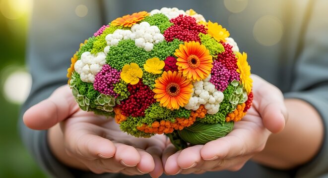 Hands holding a floral brain model. Colorful flower arrangement shaped like human mind. Wellness.