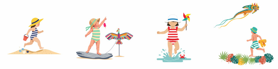 Illustration set of children playing at the beach during summer with kites, sand buckets, pinwheels, and tropical leaves on a white background.