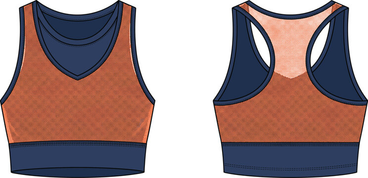 Fashion design flat sketch of a women&rsquo;s sports bra with racerback detail and layered color block design