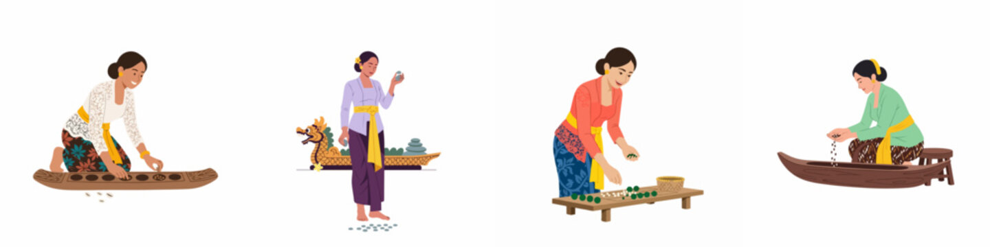 Flat illustration set of Indonesian women in traditional kebaya performing various cultural activities like playing Congkak, preparing offerings, and sorting seeds.