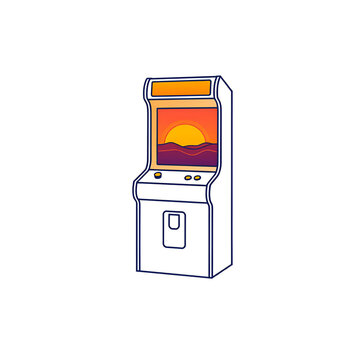 Retro arcade machine with a colorful sunset landscape on the screen