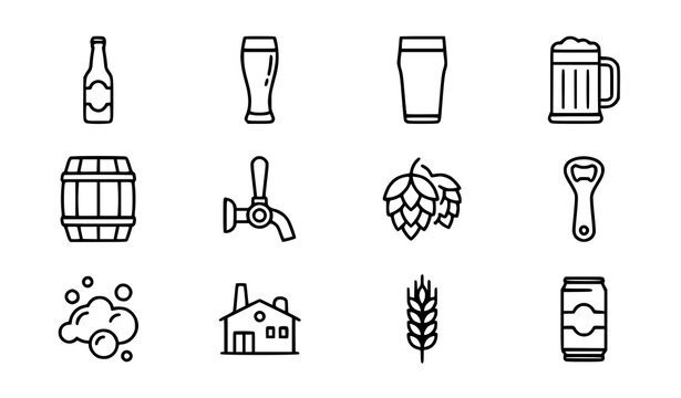 Craft beer brewing and brewery linear icon set featuring glass mug bottle aluminum can wooden barrel tap hops wheat and factory line symbols