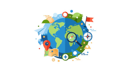 Naklejka premium Global Travel and World Exploration Concept Illustration with Earth Globe and Navigation Icons - Map, Compass, Magnifying Glass, and Location Pin on White Background