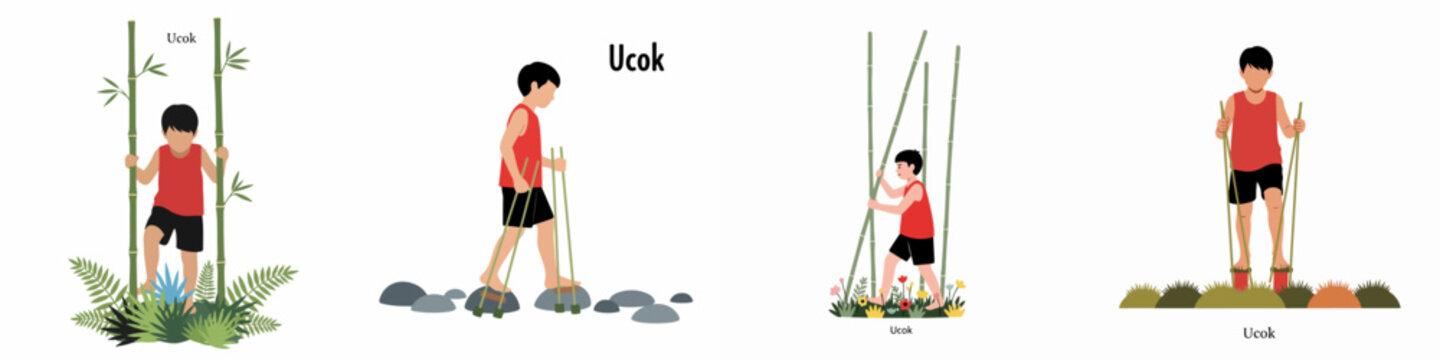 Set of flat illustrations featuring a boy named Ucok playing traditional games and exploring nature with bamboo poles.