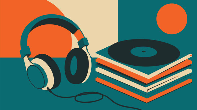 Retro headphones beside stacked vinyl records vector illustration, teal and orange palette, analog music listening scene with album discs and cable for playlists, podcasts and vintage audio branding