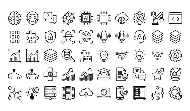 Artificial intelligence and advanced technology line icon set featuring machine learning neural networks big data computing smart industry robotics and automated web interface symbols