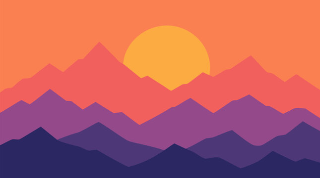 Layered mountain peaks glowing at sunrise, orange sun and pink gradient sky above purple ridges, serene minimalist alpine panorama for travel poster vector landscape art with bold geometric shapes