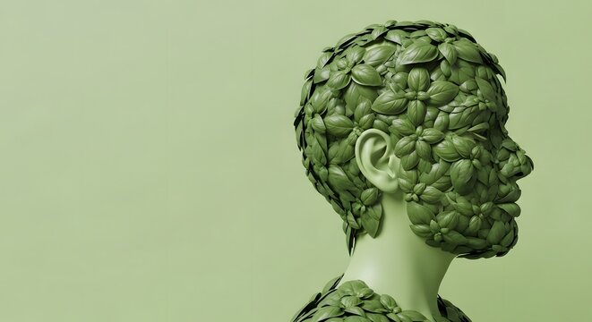 Man covered in fresh green basil leaves. Human head sculpture made of herbs. Eco nature concept.