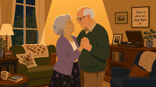 Senior couple slow dancing in their warmly lit living room, holding hands and smiling beside vintage records, cozy furniture, framed memories and golden nostalgia of a lifelong love story
