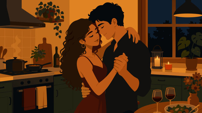 Young couple slow dancing in a candlelit kitchen while dinner cooks, holding each other close with wine, amber light, night window and tender romantic atmosphere for an intimate home date