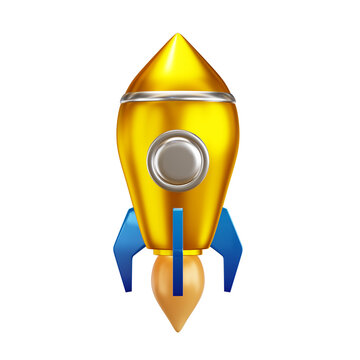 Golden rocket ship blasting off. Metallic spacecraft launching into sky