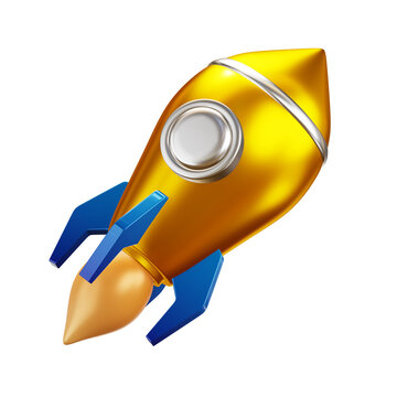 Golden rocket ship blasting off. Futuristic spacecraft launching into sky