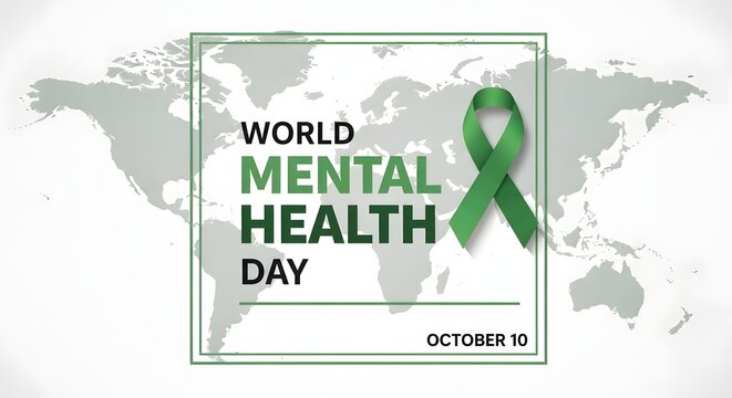 World Mental Health Day poster with green ribbon. Awareness campaign design featuring global map and October 10 date. Healthcare advocacy graphic f...