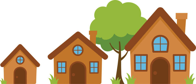 Cartoon house vector illustration set, small medium large cottage sizes with tree on white background