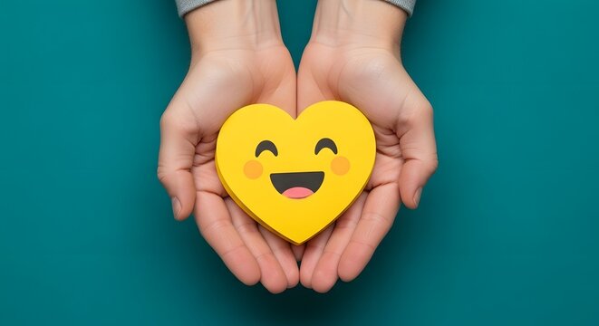 Hands holding a yellow paper heart with a smiley face. Two cupped palms cradle a cheerful cutout symbolizing love and happiness. Emotional wellness...