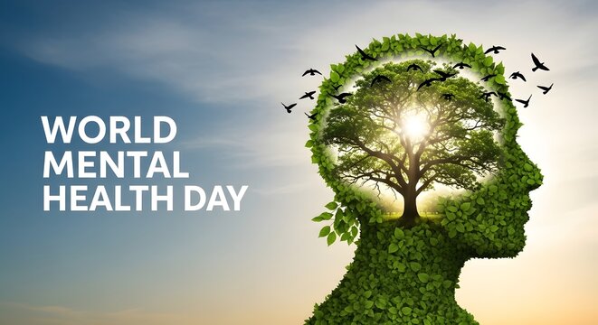 Silhouette of human head with green tree brain on World Mental Health Day. Profile view of eco-friendly mental wellness concept with nature element...
