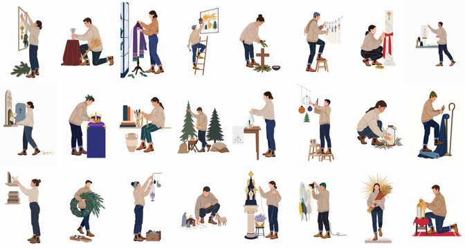 Illustration collection of people preparing and decorating a church for various religious services, liturgical seasons, and Christian holidays.