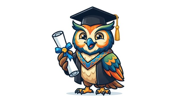Cute cartoon owl character wearing graduation cap and robe holding white diploma scroll.