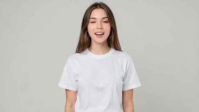 Young woman wearing plain white t-shirt stands against neutral background. She looks directly at the camera with calm, neutral expression. Her mouth slightly open, as if mid-speech or reacting