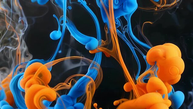 A mesmerizing ultra HD 4K abstract macro video showing rich clouds of bright blue and fiery orange acrylic inks swirling and dissolving gracefully within a clear glass water tank