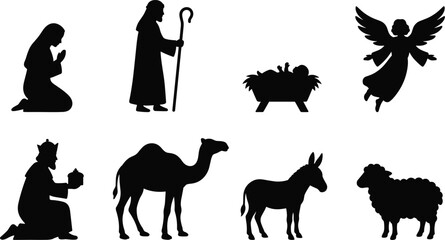 Fototapeta premium Christmas nativity scene silhouettes and holy night character vector icon set isolated on white