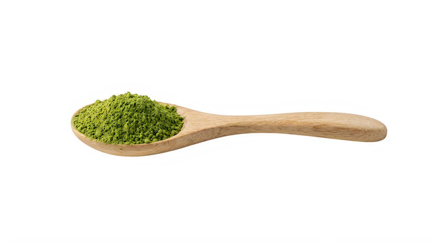 A wooden spoon overflowing with finely ground green matcha powder isolated on a white background transparent background 