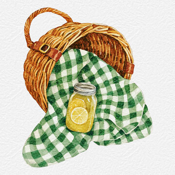 Open wicker picnic basket with green gingham blanket and jar of lemonade, watercolor textured illustration on white background