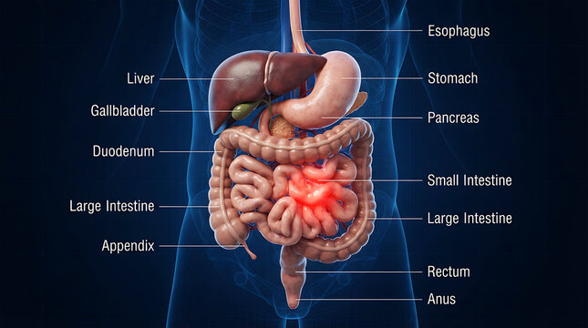 Labeled diagram of human digestive system organs