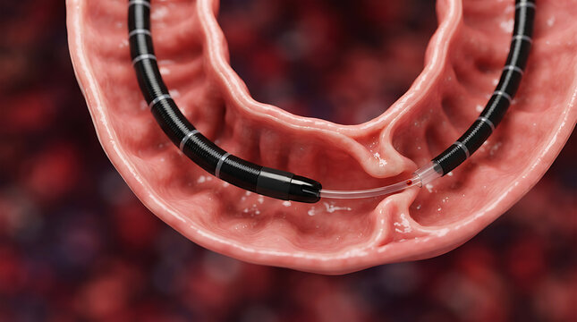 Medical catheter inside human intestine, 3 d render