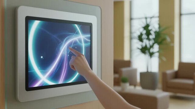 Wallmounted credit card application kiosk in sharp detail emphasizing the userfriendly touch interface and a softly blurred waiting area behind it.