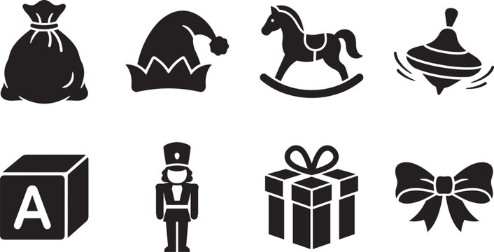 Vintage Christmas toys and holiday gift black silhouettes icon vector set isolated on white background