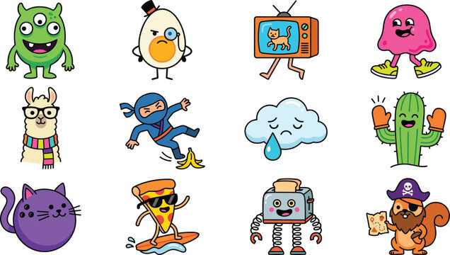 Cute Cartoon Character Collection Vector Set with Funny Monster Ninja Cat Cactus Ghost Toast TV Cloud and Animal Mascot Illustrations
