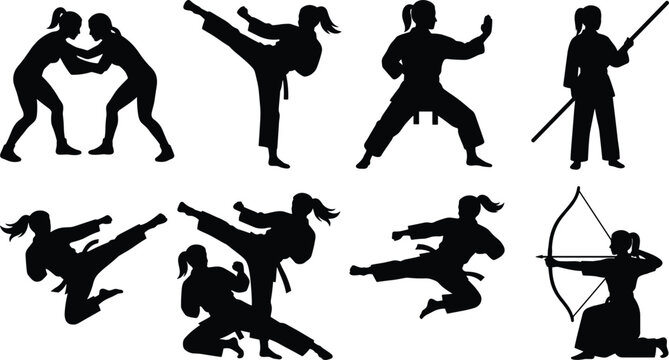 Women martial arts silhouettes set featuring female fighters practicing karate kicks judo sparring archery and traditional weapon combat