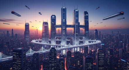 Fototapeta premium An expansive futuristic cityscape at dusk featuring massive illuminated skyscrapers with sky bridges and hovering transport vehicles, skyscraper, lights, architecture