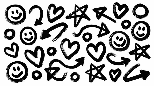 Collection of hand drawn doodles including hearts smiley faces stars and arrows on a white background art cartoon
