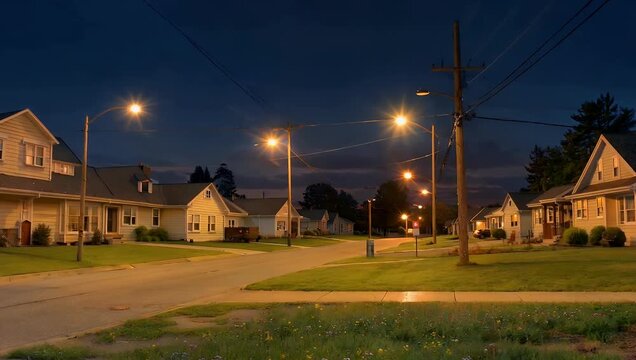 A gorgeous high resolution 4K time lapse recording a quiet suburban street transitioning from a warm orange sunset to a deep blue twilight as house windows and streetlamps begin to glow