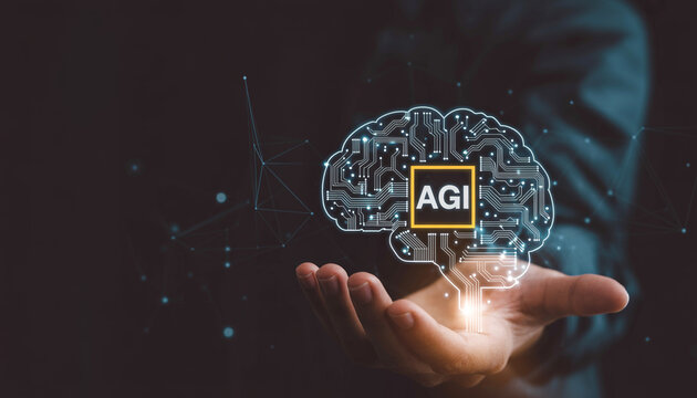 Artificial general intelligence agi concept with digital brain on hand.