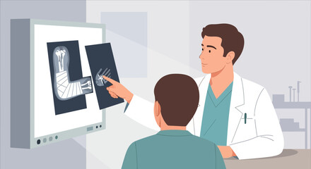 Fototapeta premium Doctor Examining Broken Arm X-ray with Patient