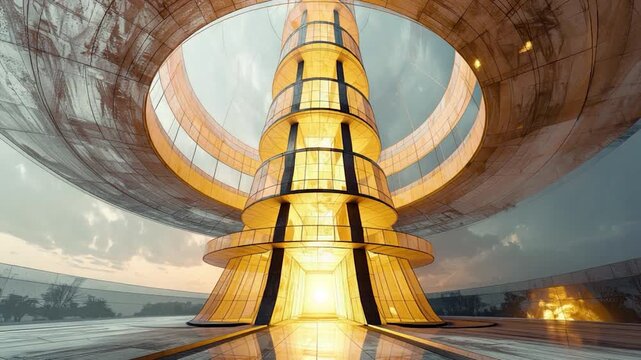 Futuristic circular building with a central, luminous, glass tower