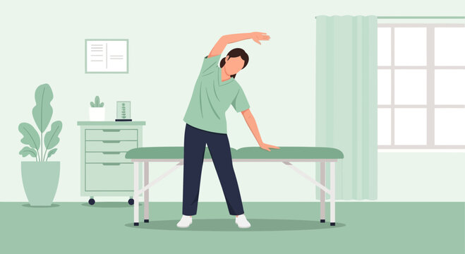 Woman stretching side-to-side in a physical therapy room. Healthy lifestyle concept.