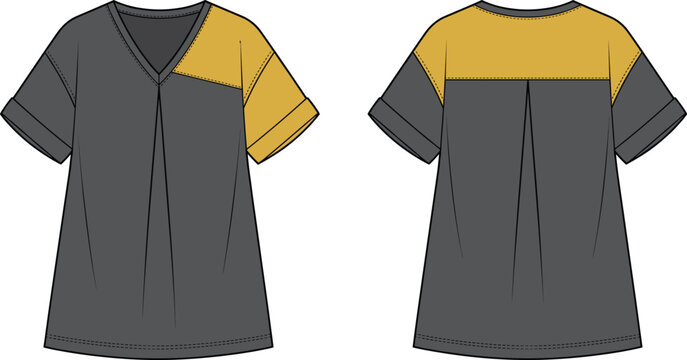 Fashion technical sketch of a color block women's V-neck t-shirt with short sleeves and back pleat detail