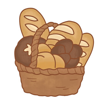Basket of assorted bread hand drawn doodle illustration, bakery clipart graphic