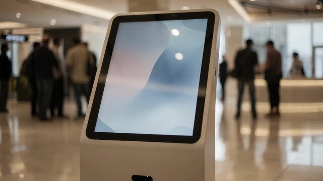 Medium shot of an AIdriven chatbot kiosk with a touchscreen interface in a busy lobby focusing on the main device as blurred visitors wait nearby.