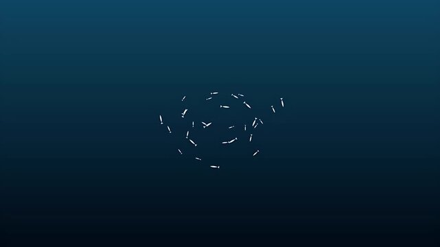 Abstract white directional arrows moving in various directions symbolizing data flow connection and progress over a deep blue background loop