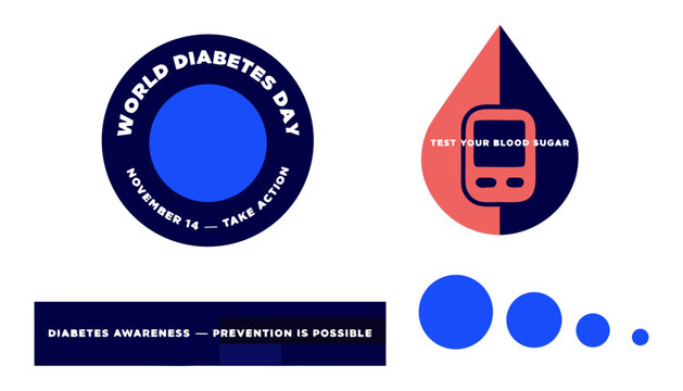 World Diabetes Day Badge Poster November 14 Bold Vector &mdash; Blue Circle Blood Drop Glucose Test Prevention Action Take Control, Navy Blue Coral White &mdash; Diabetes Awareness, Blood Sugar Health