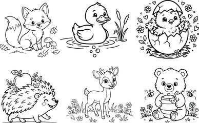 Naklejka premium Cute animal coloring book pages vector bundle for kids featuring fox duck chick hedgehog deer bear