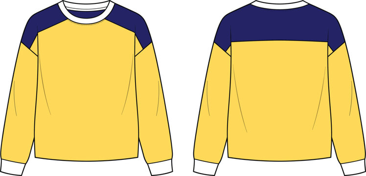 Fashion technical sketch of a color-blocked long sleeve sweatshirt with raglan sleeves and a crew neckline design