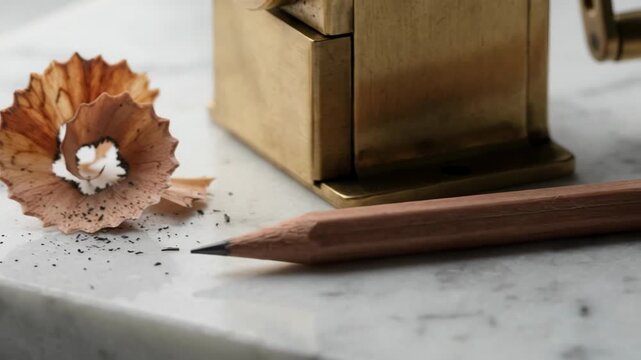 Brass pencil sharpener sharpening a wooden pencil on marble desk. Wood shavings accumulating on table. Stationary tool and writing instrument for office work