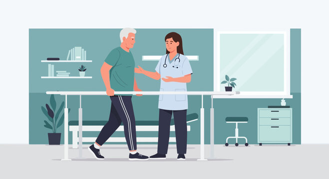 Therapist assisting elderly man walking in rehabilitation gym with parallel bars