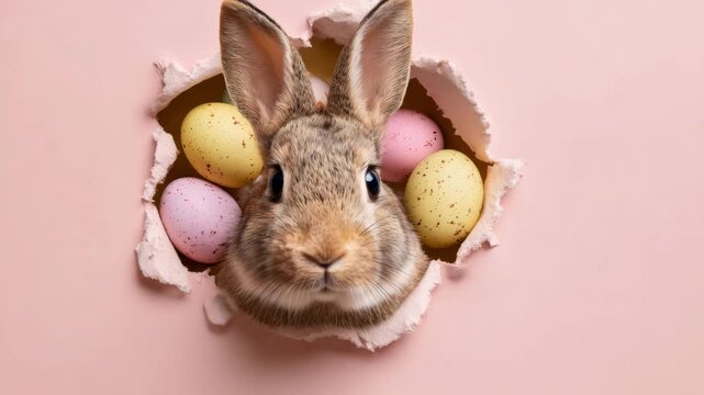 A cute of a fluffy bunny looking out from behind a chocolate egg on a pink background.